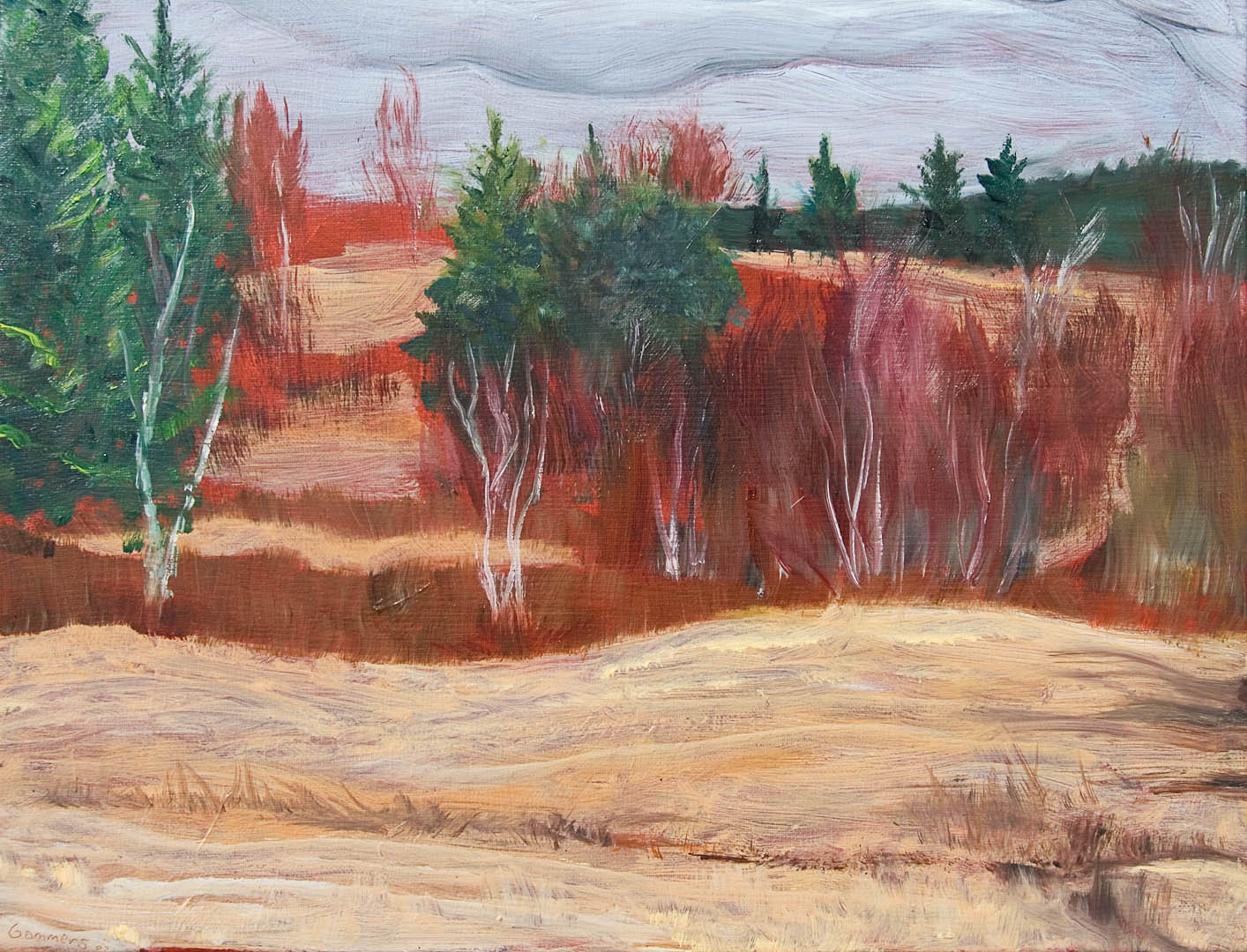 02 April Birch Red, Oil on canvas. 16" x 20"  (sold)