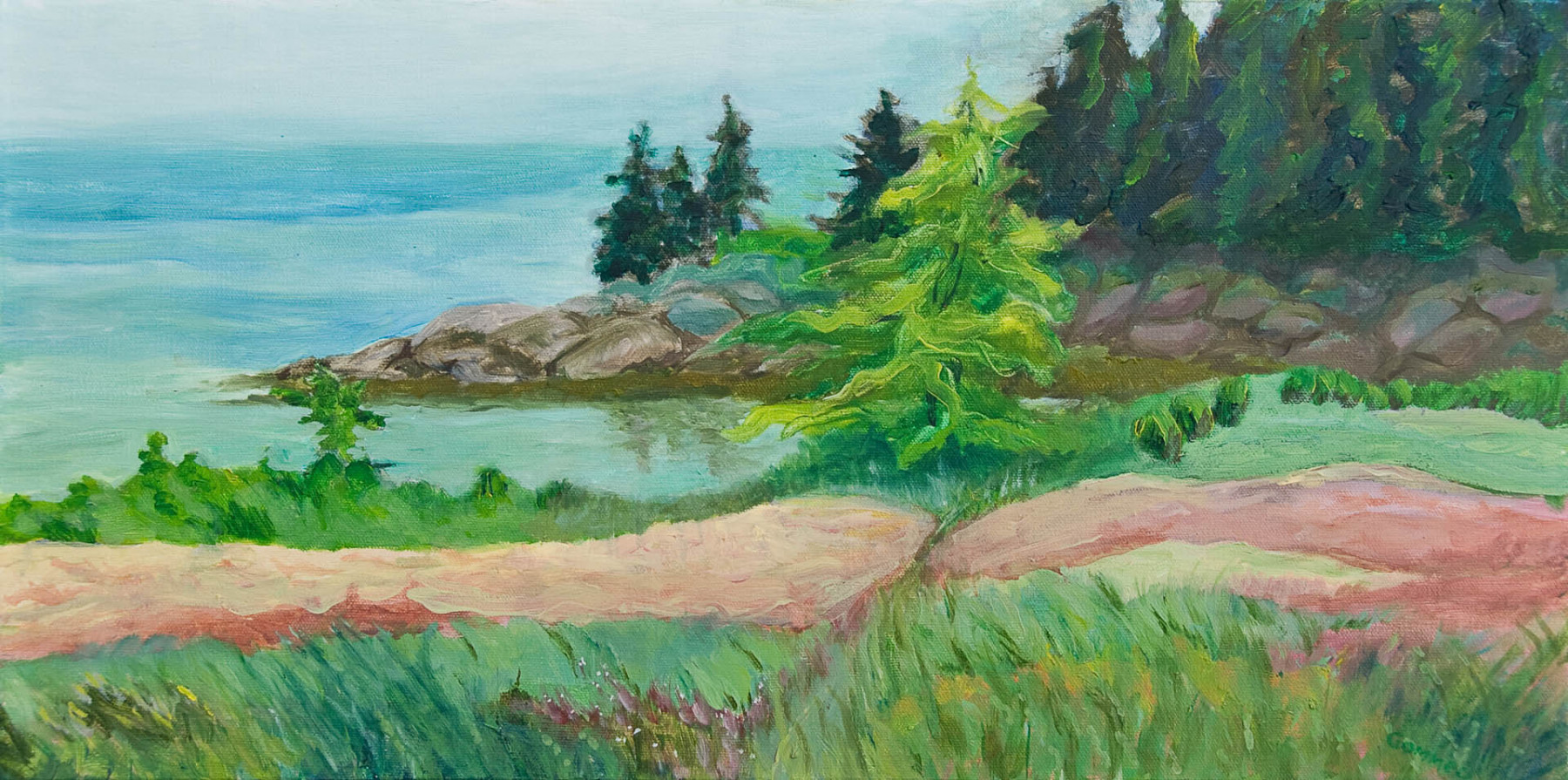 07 Birchpoint August, Oil on canvas 12 x 24 $1400